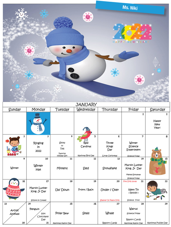 Discovering Me Nursery School January 2022 Calendar for Ms. Niki