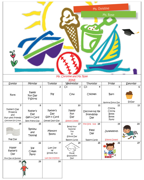 Discovering Me Nursery School 2026 June Calendar Ms. Christine and Ms. Rose