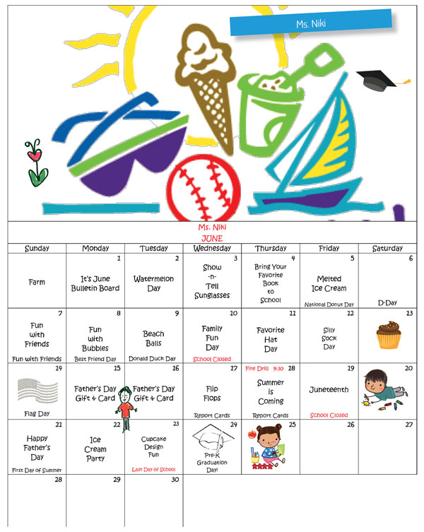 Discovering Me Nursery School 2026 June Calendar Ms. Niki